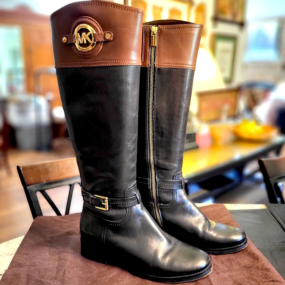 Michael Kors Stockard Black & Brown Size 6 Leather Riding Boots Gold MK Logo Zip